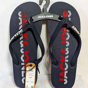 Jack & Jones Mens 9/10 Flip-Flops Blue Red Logo Summer Beach Sandals Thongs